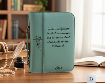 May include: A teal Bible cover with a cross design and the text "Faith is confidence in what we hope for... Hebrews 11:1." The name "Elise" is printed at the bottom. The cover has a strap and metal clasp.