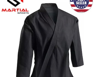 Kimono de karate negro de peso pesado para deportes marciales, 14 oz, 100% algodón. Envío gratis.