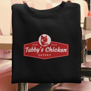 Tabby&#39;s Chicken Eatery Crewneck Sweatshirt | Funny Retro Cat Design | Gildan 18000 Unisex Pullover