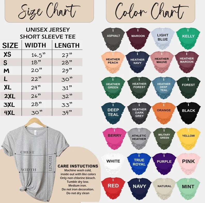 Op de afbeelding: Maattabel voor een unisex jersey t-shirt met korte mouwen met afmetingen in inches. Kleurenkaart met 24 verschillende kleuropties voor het t-shirt. De kleurenkaart toont een verscheidenheid aan kleuren, waaronder: asfalt, donkerrood, lichtblauw, kelly, perzik met een vleugje grijs, marineblauw met een vleugje grijs, mauve met een vleugje grijs, donkerrood met een vleugje grijs, groen met een vleugje grijs, bos met een vleugje grijs, donkerblauw met een vleugje grijs, bos, donkerblauw, donkergrijs met een vleugje grijs, oranje, zwart, bes, atletisch grijs, legergroen, geel, wit, koninklijkblauw, paars, roze, rood, marine, naturel en mint.