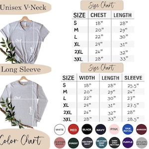 Op de afbeelding: Maattabel voor unisex V-hals en lange mouwen shirts. De tabel toont de maten in inches voor borst, breedte, lengte en mouwlengte. Kleurenkaart toont verschillende kleuren, waaronder wit, rood, zwart, marineblauw, roze, koninklijk blauw, maroon, heather mauve, bos, heather navy, heather deep teal, donker grijs heather, paars en atletisch heather.
