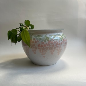 Vintage Floral Plant Pot ~ Italian White Planter with Pink & Green Wisteria Pattern ~Large  Indoor Plant Pot ~