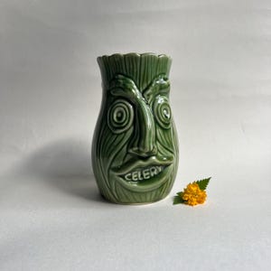 Vintage Mr Celery-vaas ~ Groene keramische pot met selderiekop ~