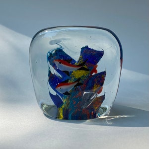 Vintage Fish Paperweight ~ Underwater Coral Reef Scene Glass Nugget with Red Fish ~ Diving Lover Gift ~ Tropical Home Decor ~