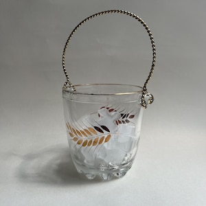 Vintage Italian Glass Ice Bucket with Gold Wheat Detail ~ Retro Barware ~