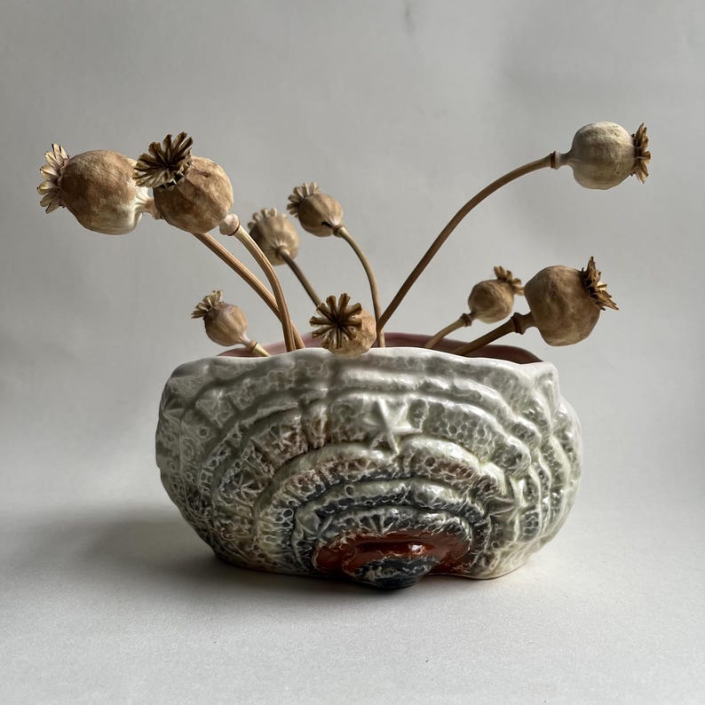 May include: A ceramic planter shaped like a mushroom with a white glaze and brown and gray accents. The planter is filled with dried poppy seed pods.
