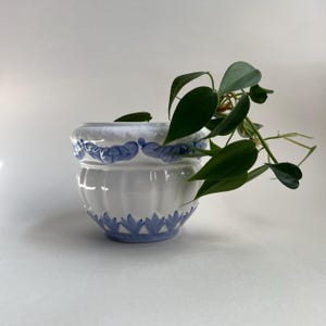Vintage White Plant Pot with Blue Floral Garland ~ Portuguese Pottery Planter ~