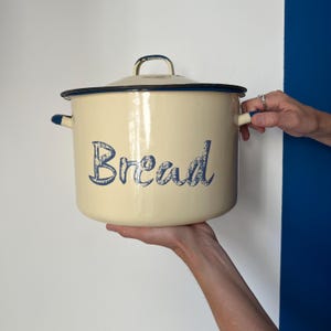 Vintage Enamel Bread Bin ~ Round Bread Box with Blue Lettering ~ Retro Kitchen Storage ~