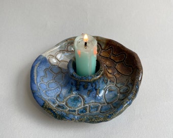 Vintage Rustic Chamberstick ~ Handmade Studio Pottery Candlestick Holder ~ Blue Ceramic Candlestick Holder with Brown Glaze Details ~