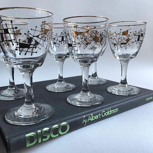 Mid Century Wine Glasses ~ Atomic Barware with Black & Gold Pattern, Set of 6 ~