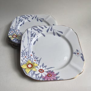 5 x Vintage Art Deco Tea Plates ~ Floral English Bone China ~ White Side Plates with Hand Painted Indigo, Yellow & Pink Flowers ~