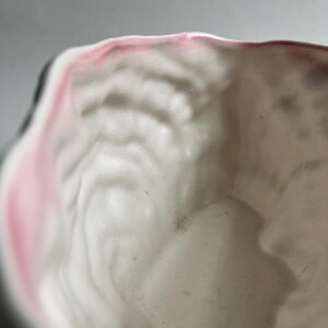 May include: Close-up of the inside of a white ceramic planter with a pink rim. The planter has a textured surface.