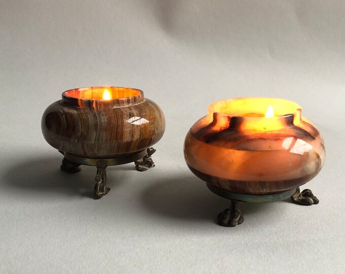 Vintage Onyx Candle Holders With Metal Feet Pair of Mismatched 70s