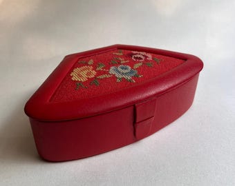 Vintage Jewelry Box ~ Red Leather Jewelry Travel Case with Cross Stitch Roses ~