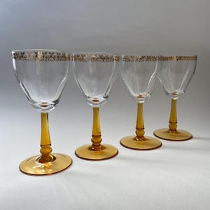 4x Vintage Yellow Stem Glasses ~ 1970s Port Aperitif Sherry Goblets with Gold Floral Pattern ~