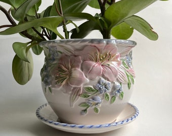 Vintage Floral Plant Pot ~ Italian White Planter with Pink Blue & Green Floral Pattern ~ Indoor Jardiniere Plant Pot ~