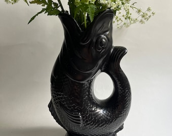 Vintage Black Gluggle Jug Vase ~ Original Dartmouth Pottery Fish Glug Jug ~ Large Gurgle Pitcher ~