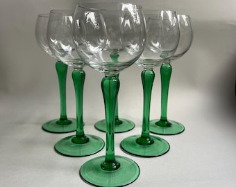 6x French Green Stem Glasses ~ Vintage Wine Glasses with Curved Stems ~