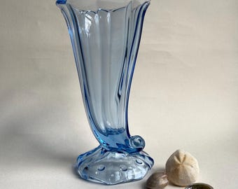 アンティークシングル花瓶、コルヌコピアガラス花瓶、青い渦巻き、すり