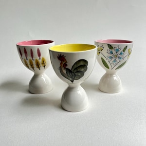 Set of 3 Vintage Hand Painted Ceramic Egg Cups ~ Mid-Century Breakfast Decor ~