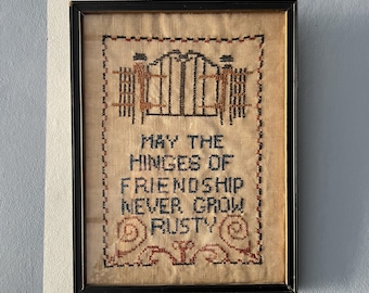 Antique Friendship Tapestry ~ Framed Needlepoint ~ Handmade Wall Decor ~