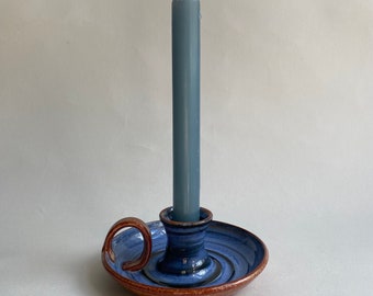 Vintage Studio Pottery Chamberstick ~ Wold Ceramic Candlestick Holder ~ Blue Candlestick Holder with Brown Glaze Details ~