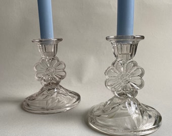 2 x Vintage Floral Candlesticks ~ 1960s Clear Glass Flower Power Dressing Table Candle Holders ~