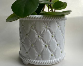 Vintage White Quilt Plant Pot ~ St Michael White Planter with Cushion Effect and Green Buttons ~ Italian Indoor Plant Pot ~