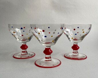 3 x Vintage Polkadot Aperitif Glasses ~ 1950s Mini Cocktail Glasses with Hand Painted Red Trim and White, Red, Yellow & Navy Blue Spots  ~