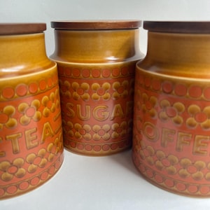 Vintage Hornsea Saffron Canisters ~ Ceramic Sugar / Tea / Coffee Storage Jars ~