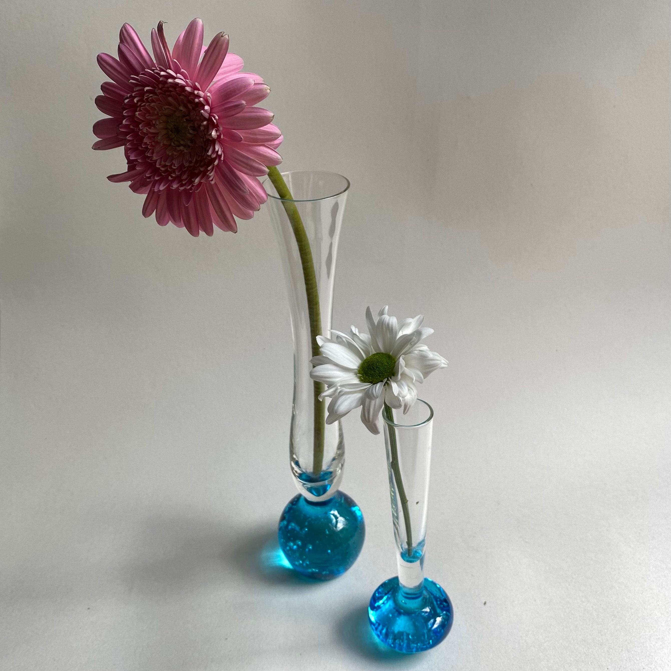 2 x Vintage Blue Bubble Vases Controlled Bubble Base Vases with 