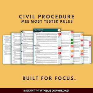 May include: A set of printable study guides for the Multistate Essay Examination (MEE) covering the topic of Civil Procedure. The guides are labelled "Civil Procedure MEE Most Tested Rules" and feature a green and yellow colour scheme. The text "Built for Focus" is displayed below the guides.