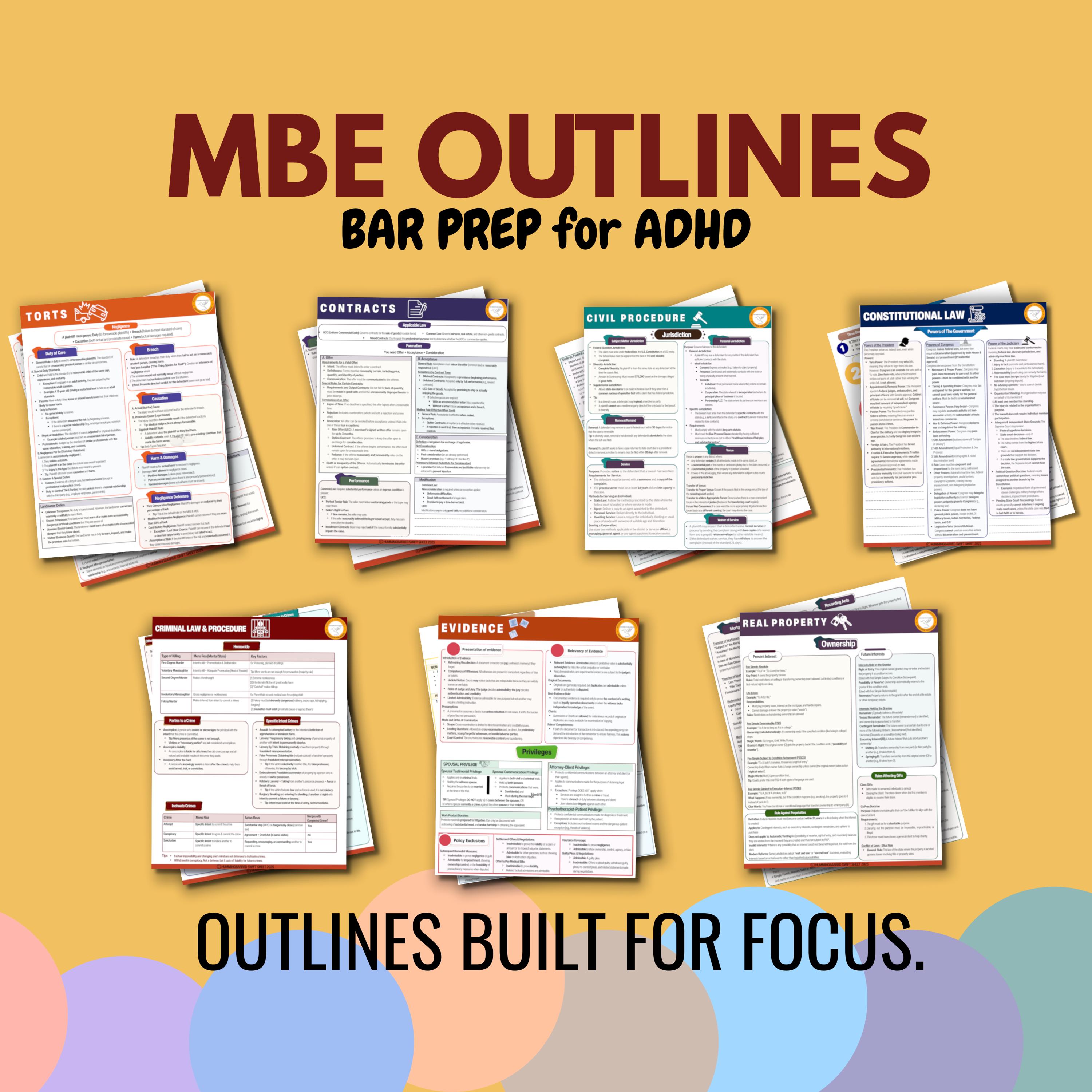 Bar Prep for ADHD students, All MBE Swift Sheets outlines 2025, Most Wanted  Quick sheets, UBE outlines, Bar exam outlines. Clean Outlines