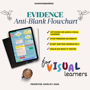 May include: An image promoting an "Evidence Anti-Blank Flowchart" for visual learners. The image includes a tablet displaying a flowchart, a stylus, and a coffee cup. Text highlights benefits like "Optimized for ADHD & Visual Learners" and "Start Writing Immediately."