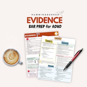 May include: Two pages of study notes for the bar exam, titled "Evidence" and "Hearsay". The notes are organized into sections with headings and bullet points. The notes are printed on white paper with colorful headings and bullet points. The notes are on a table with a cup of coffee and a pen.