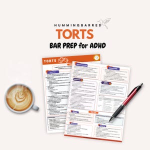 May include: A set of two study guides for Torts law, featuring a hummingbird logo and the text "HummingBarred Torts Bar Prep for ADHD". The guides are printed on white paper with black text and have a colorful design.