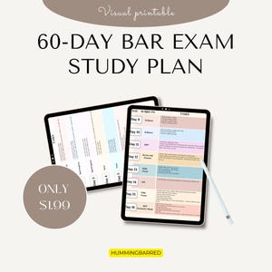 May include: Two digital tablets displaying a 60-day bar exam study plan. The text "60-DAY BAR EXAM STUDY PLAN" is at the top. One tablet shows a detailed schedule with subjects and tasks. The other tablet shows a similar layout. A stylus is next to one tablet.