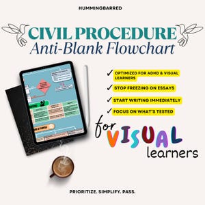 May include: A digital tablet displays a "Civil Procedure Anti-Blank Flowchart" with a stylus, a notebook, and a cup of coffee. Text includes "Optimized for ADHD & Visual Learners" and "for Visual Learners."
