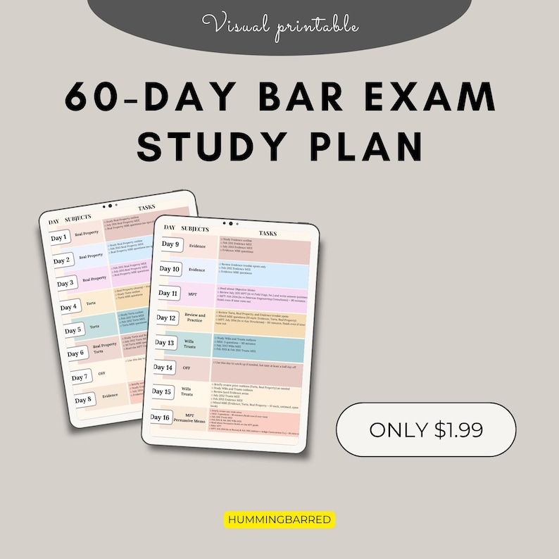 60-day Bar Exam Study Plan: Adhd-friendly Visual Calendar (digital ...
