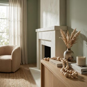 May include: A cozy living room scene with a light-colored fireplace, a beige armchair, and a wooden cabinet. The cabinet displays a decorative wooden bead garland, a vase with dried plants, and a candle. The room has a neutral color palette.
