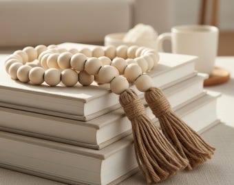 Neutral Wood Bead Garland with Tassels, Farmhouse Tiered Tray Decor, Boho Nursery Wall Hanging, Scandi Shelf Styling, Baby Shower Gift Ideas
