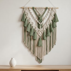 Large Sage Green Macrame Wall Hanging, 55x70cm Boho Tassel Wall Decor, Japandi Fiber Art, Modern Farmhouse Wall Art, Handcrafted Home Gift