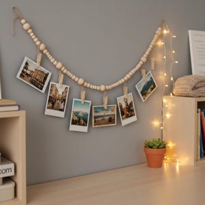 Wood Bead Photo Display with Clips, Polaroid Picture Hanging Garland, Dorm Room Decor for Girls, Travel Memory Gift, Graduation Photo Holder