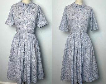 Fields of Blue Floral Frühe 1960er 60er Jahre Kleid S Small XS Baumwolle