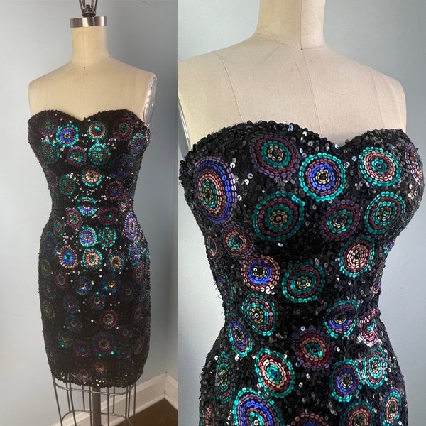 Robe de cocktail sans bretelles multicolore en soie et paillettes Scala 0 TP