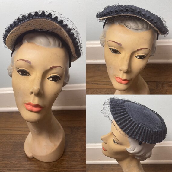 Rippling Ridges Navy Blue and White 1950s 50s Hat - image 1