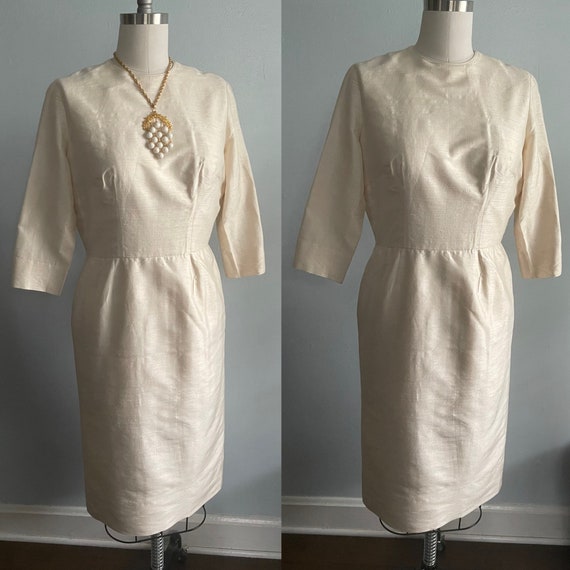 Sophisticated Silk Cream 1960s 60s Sheath Dress M… - image 1