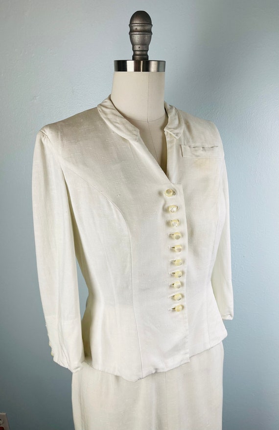 1950s 50s Vintage Ivory Linen Weave Skirt Suit S … - image 2