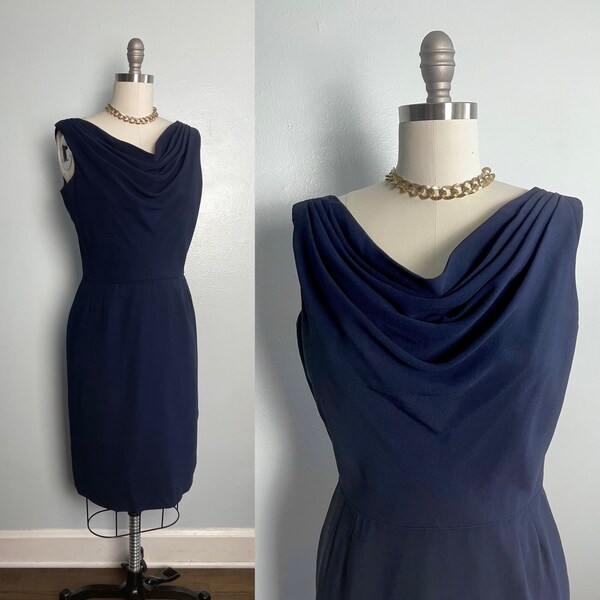 Slinky 60s 1960s Navy Cowl Neck Cocktail Dress M Medium