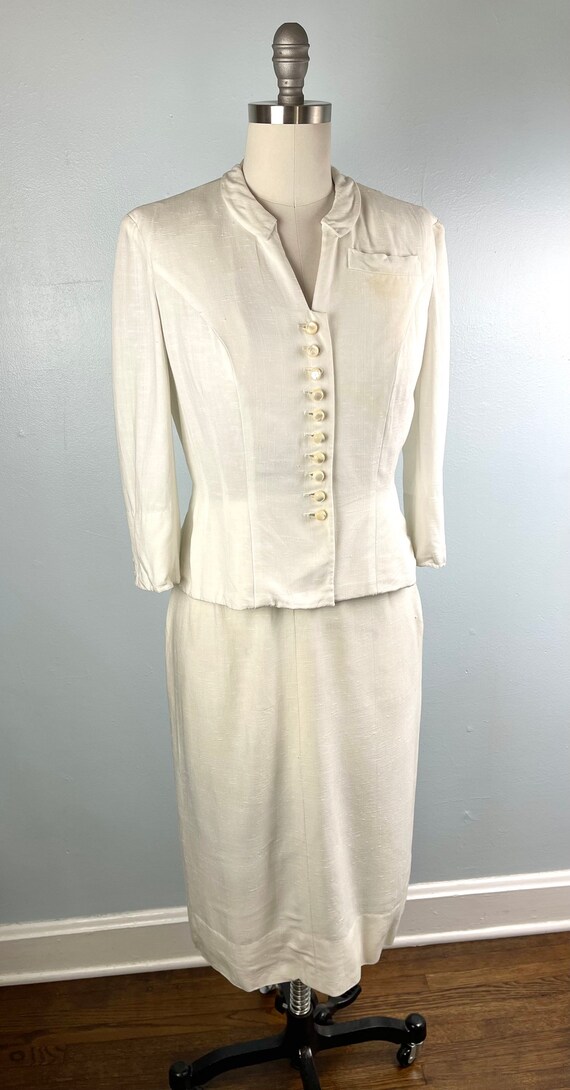 1950s 50s Vintage Ivory Linen Weave Skirt Suit S … - image 3